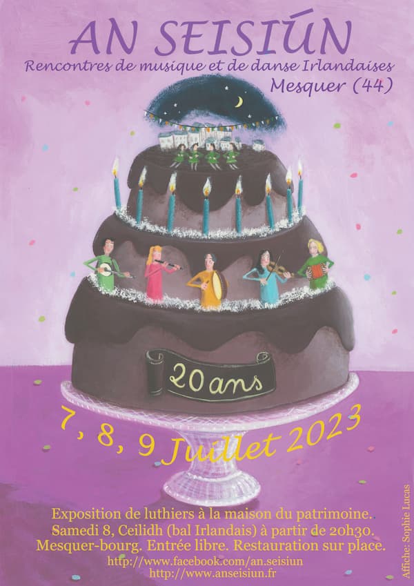 Affiche événement musique irlandaise, gâteau avec musiciens